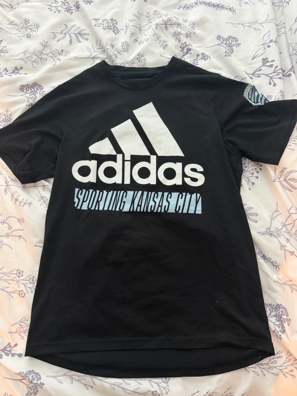 adidas Black Short Sleeve Tee with White Logo and Light Blue Accents